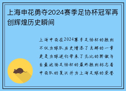 上海申花勇夺2024赛季足协杯冠军再创辉煌历史瞬间